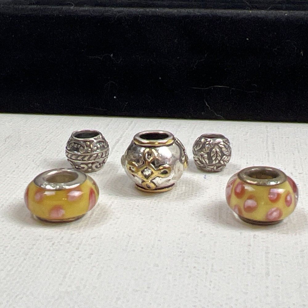 5 Sterling‎ 925 Silver Yellow Pink Large Spacer Glass Murano? Slide Charms Boho